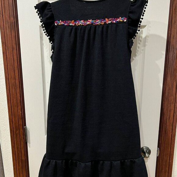 Maca Black Embroidered Boho Dress With Ruffle Hem & Pom Pom Sleeves Size Large - Picture 7 of 9